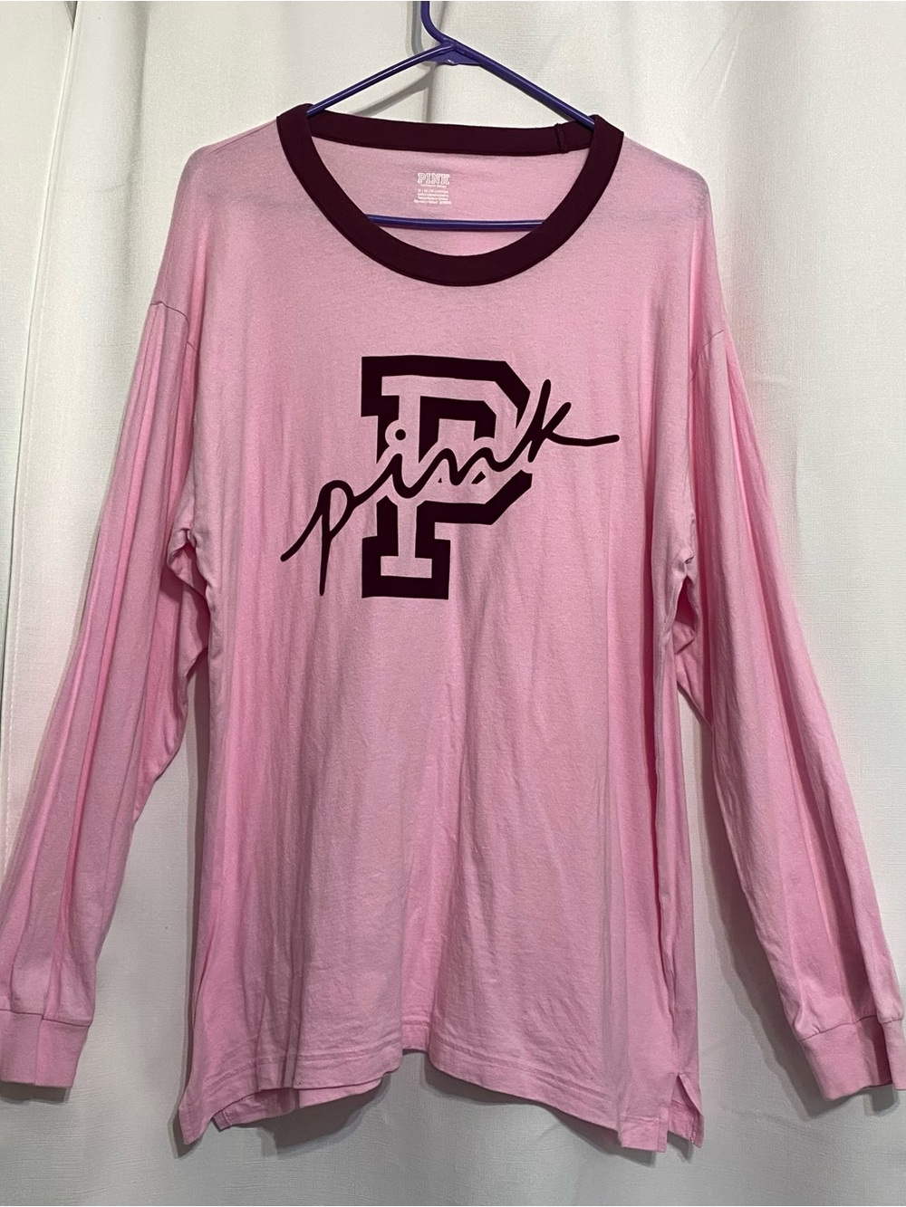 Victoria Secret Pink Campus Ringer Long Sleeve Tee Pink Bubble Velvet Logo XL